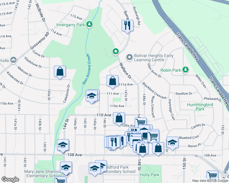 map of restaurants, bars, coffee shops, grocery stores, and more near in Surrey