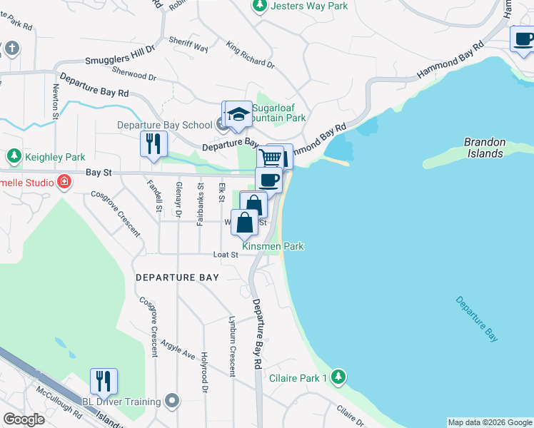 map of restaurants, bars, coffee shops, grocery stores, and more near 2815 Departure Bay Road in Nanaimo