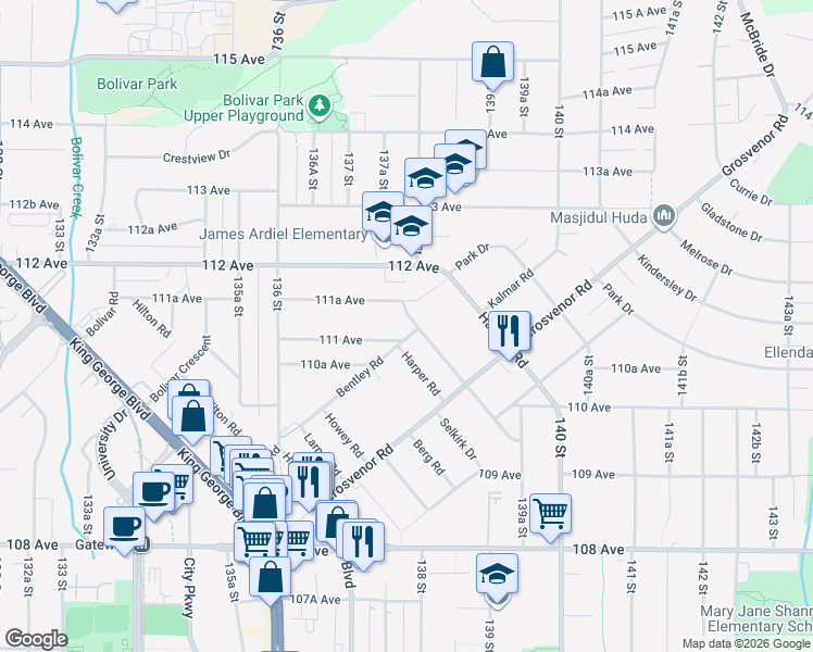 map of restaurants, bars, coffee shops, grocery stores, and more near in Surrey