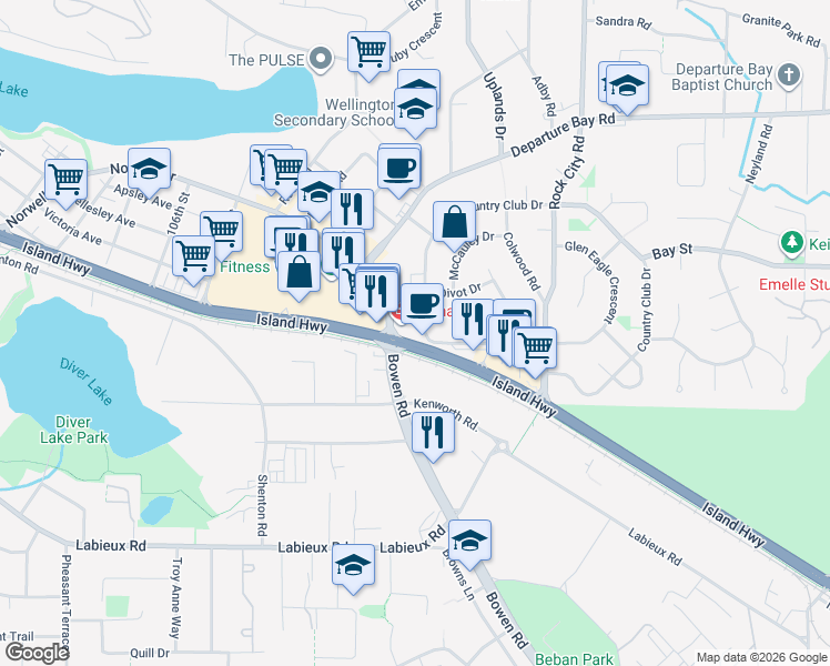 map of restaurants, bars, coffee shops, grocery stores, and more near 3150 Island Highway North in Nanaimo