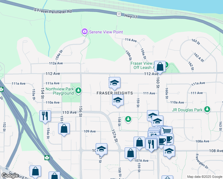 map of restaurants, bars, coffee shops, grocery stores, and more near 11110 157A Street in Surrey