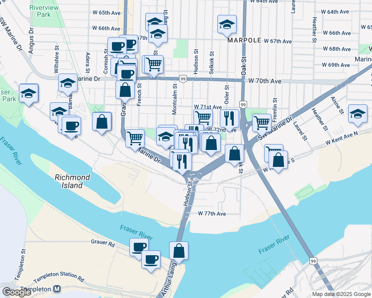 map of restaurants, bars, coffee shops, grocery stores, and more near in Vancouver
