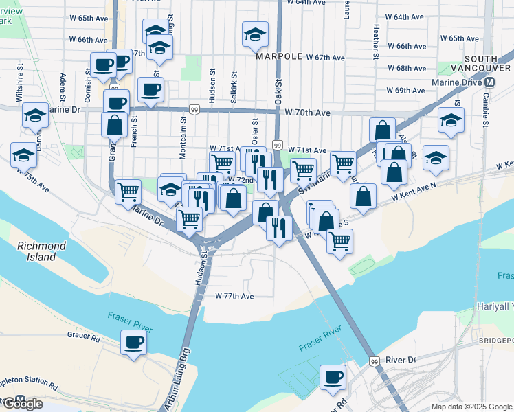 map of restaurants, bars, coffee shops, grocery stores, and more near in Vancouver