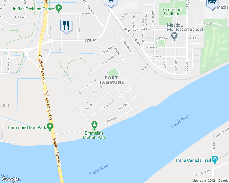 map of restaurants, bars, coffee shops, grocery stores, and more near 20288 Ditton Street in Maple Ridge