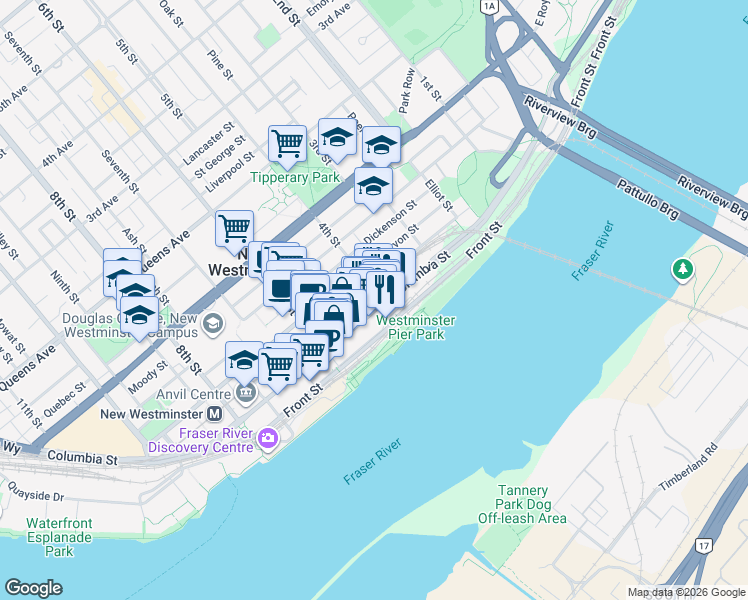 map of restaurants, bars, coffee shops, grocery stores, and more near 403 Columbia Street in New Westminster