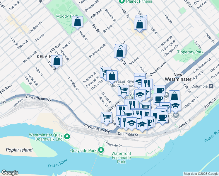 map of restaurants, bars, coffee shops, grocery stores, and more near 25 10th Street in New Westminster