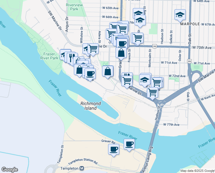map of restaurants, bars, coffee shops, grocery stores, and more near 1545 West 75th Avenue in Vancouver