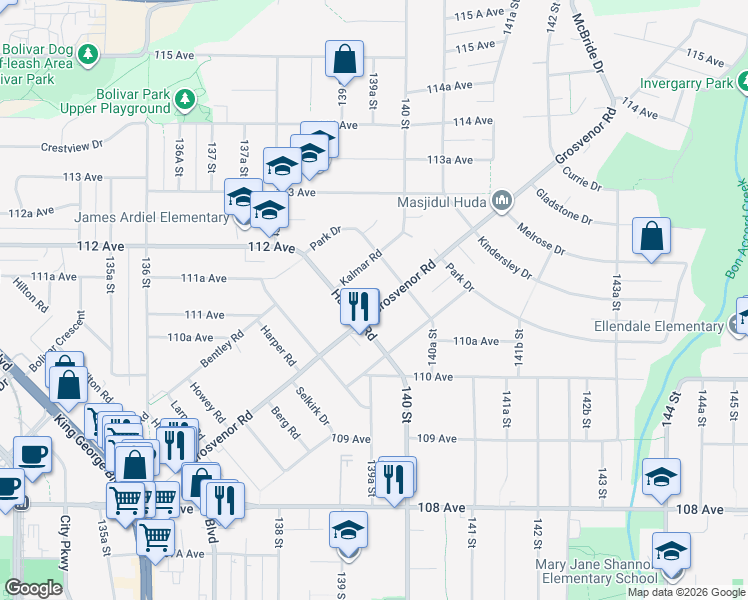 map of restaurants, bars, coffee shops, grocery stores, and more near 13959 Grosvenor Road in Surrey