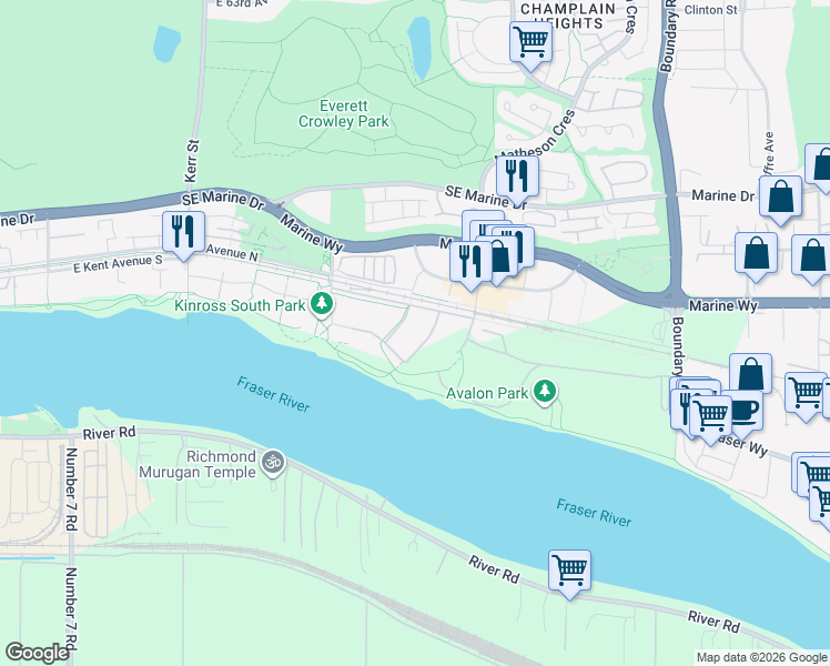 map of restaurants, bars, coffee shops, grocery stores, and more near 8693 Oolichan Way in Vancouver