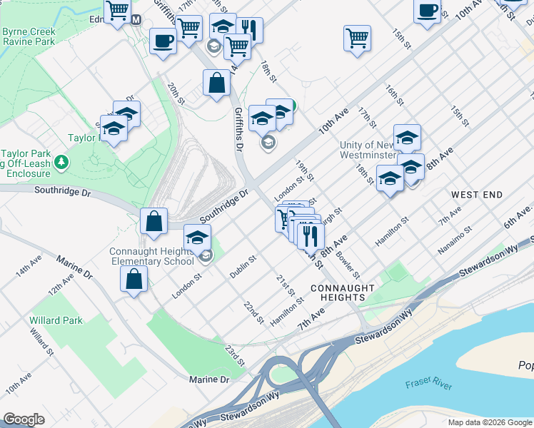 map of restaurants, bars, coffee shops, grocery stores, and more near 2005 London Street in New Westminster