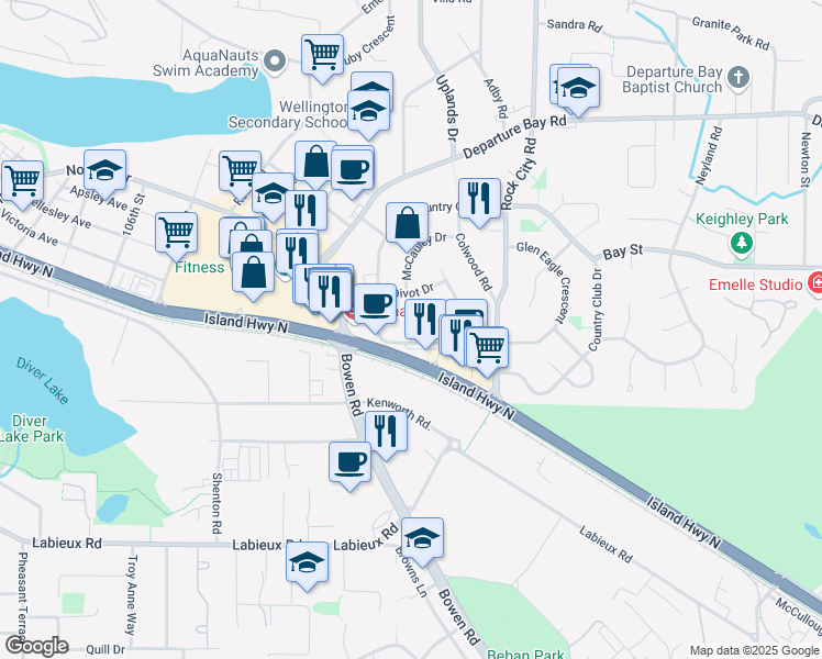 map of restaurants, bars, coffee shops, grocery stores, and more near 2460 Glen Eagle Crescent in Nanaimo