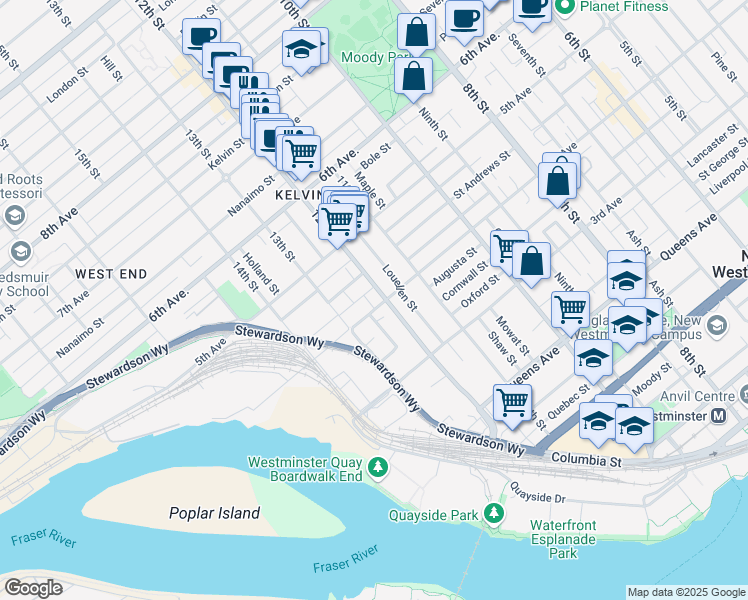 map of restaurants, bars, coffee shops, grocery stores, and more near 1215 4th Avenue in New Westminster