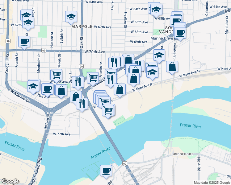 map of restaurants, bars, coffee shops, grocery stores, and more near in Vancouver