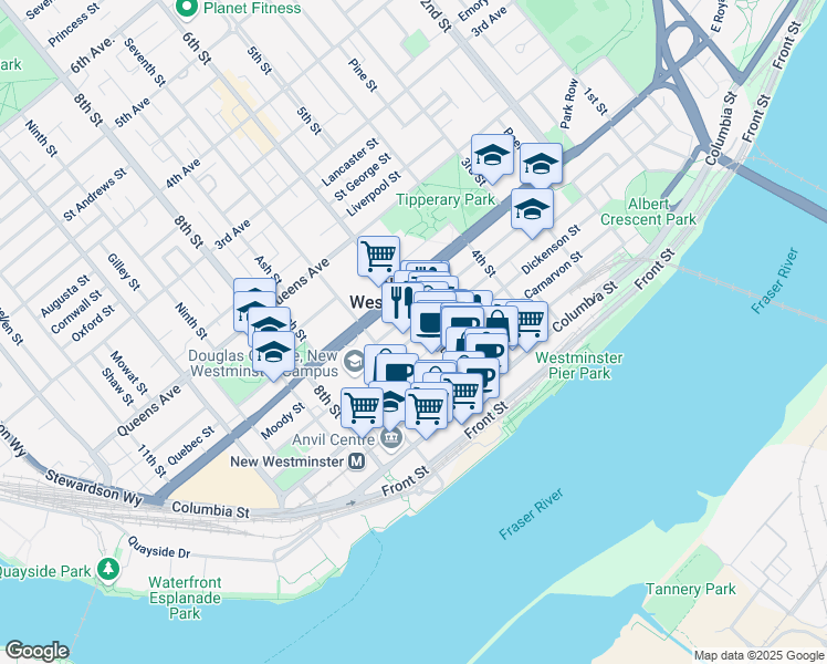 map of restaurants, bars, coffee shops, grocery stores, and more near 607 Agnes Street in New Westminster