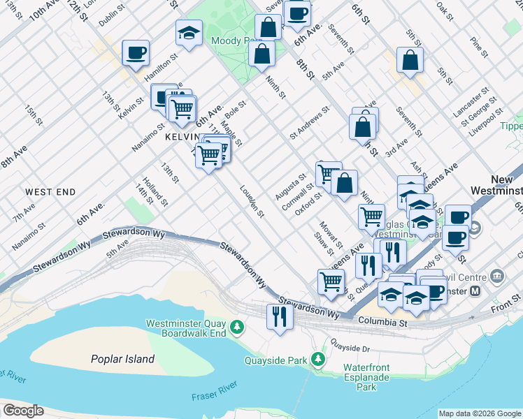 map of restaurants, bars, coffee shops, grocery stores, and more near 333 Louellen Street in New Westminster