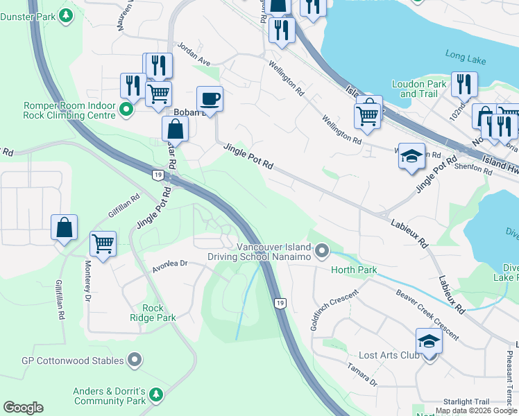 map of restaurants, bars, coffee shops, grocery stores, and more near 4153 Emerald Woods Place in Nanaimo