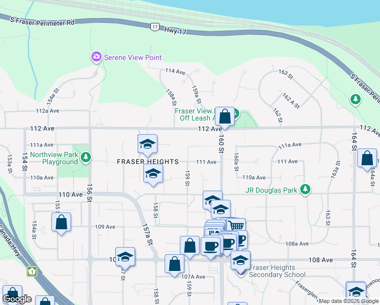 map of restaurants, bars, coffee shops, grocery stores, and more near 11130 159 Street in Surrey