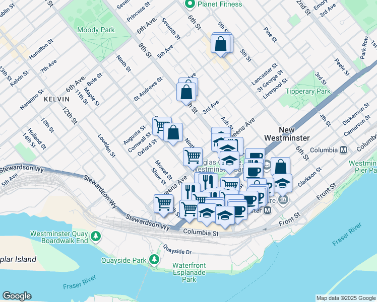 map of restaurants, bars, coffee shops, grocery stores, and more near 222 Ninth Street in New Westminster