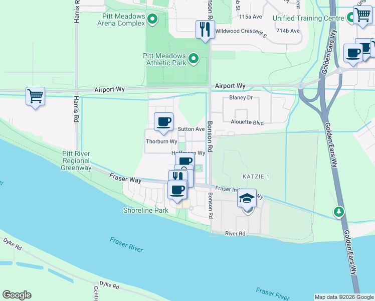 map of restaurants, bars, coffee shops, grocery stores, and more near 11100 Callaghan Close in Pitt Meadows