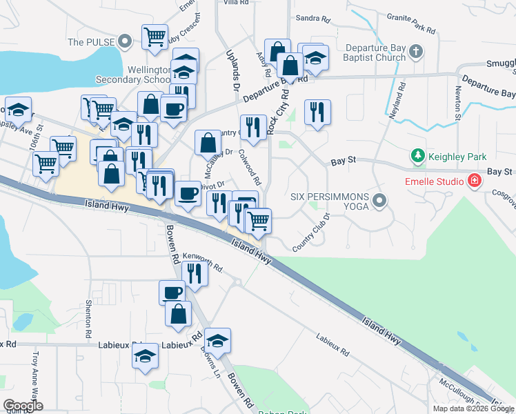 map of restaurants, bars, coffee shops, grocery stores, and more near 2775 Glen Eagle Crescent in Nanaimo