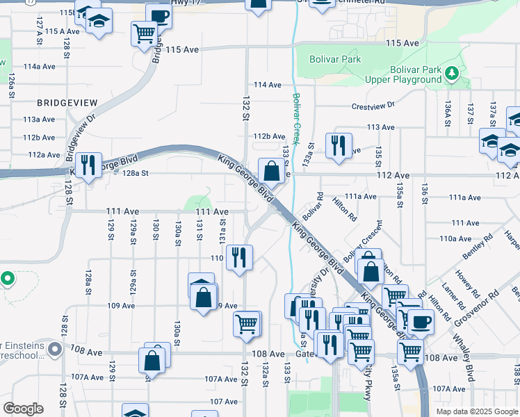 map of restaurants, bars, coffee shops, grocery stores, and more near 11100 132 Street in Surrey