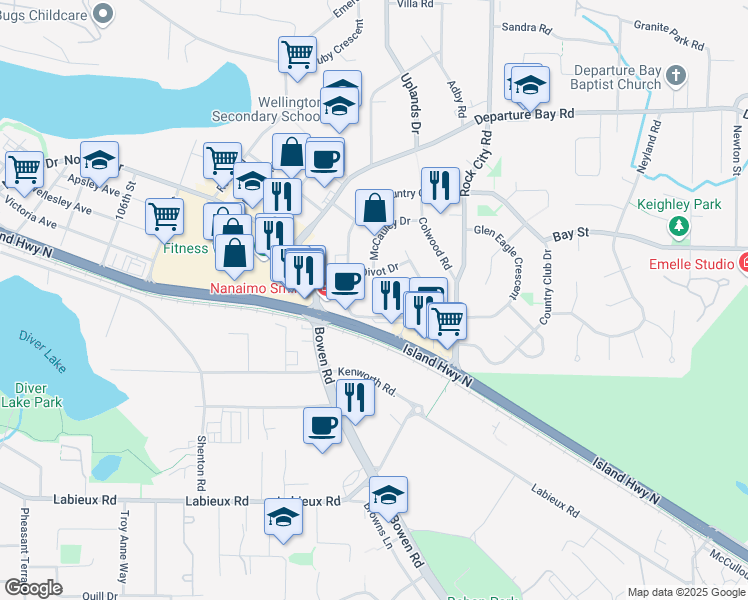 map of restaurants, bars, coffee shops, grocery stores, and more near 2460 Glen Eagle Crescent in Nanaimo