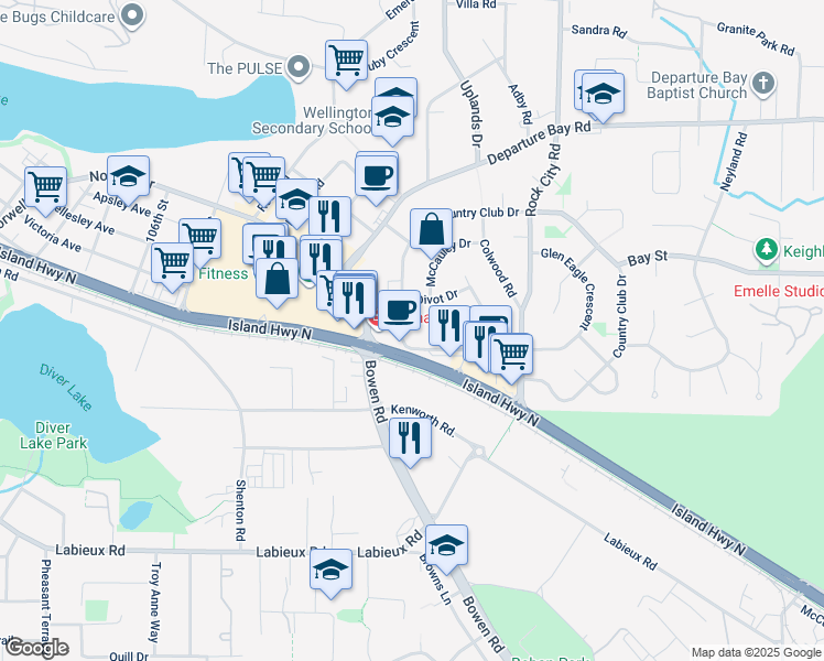 map of restaurants, bars, coffee shops, grocery stores, and more near 3150 Island Highway North in Nanaimo