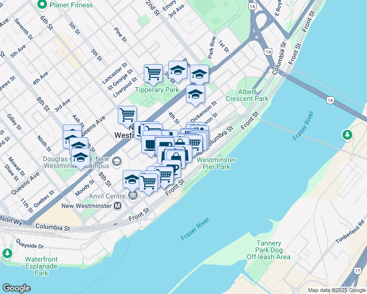 map of restaurants, bars, coffee shops, grocery stores, and more near 1003 Carnarvon Street in New Westminster