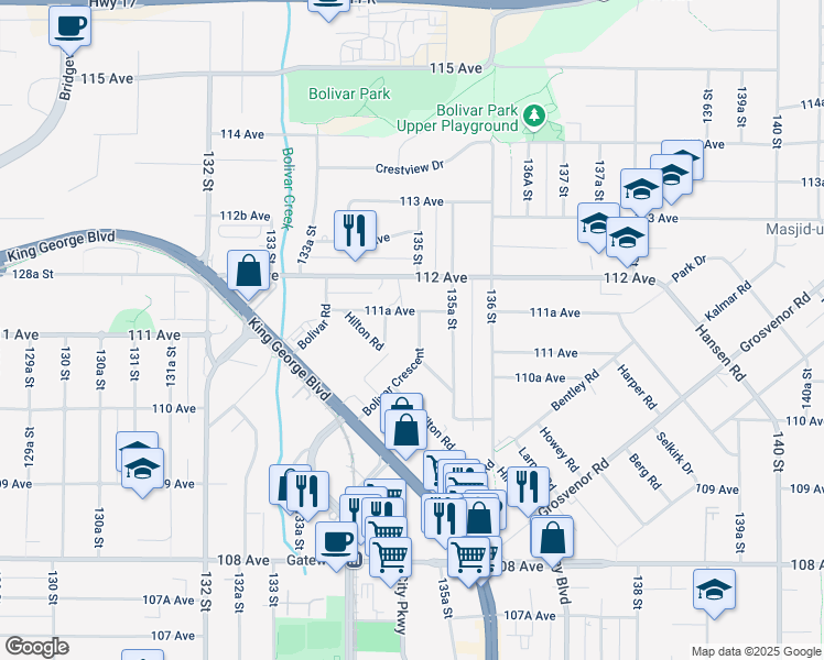 map of restaurants, bars, coffee shops, grocery stores, and more near 11121 Bolivar Crescent in Surrey