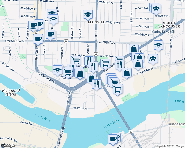 map of restaurants, bars, coffee shops, grocery stores, and more near 1041 Southwest Marine Drive in Vancouver