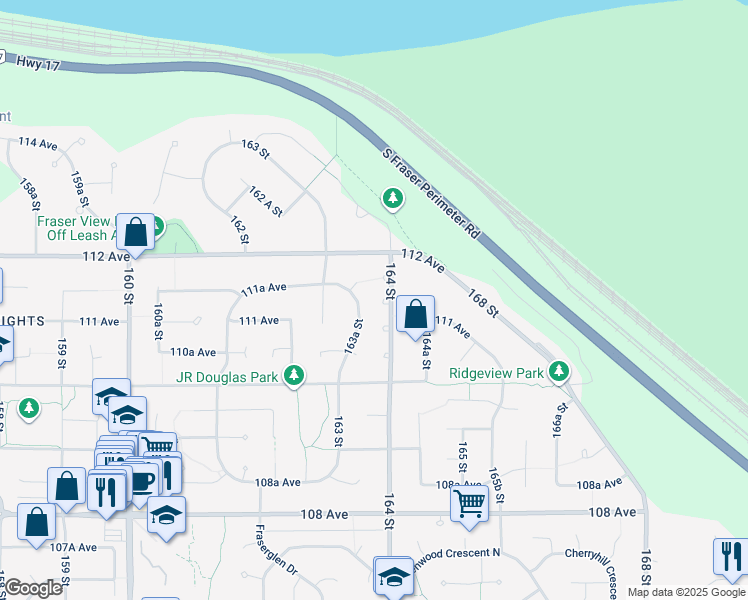 map of restaurants, bars, coffee shops, grocery stores, and more near 11135 164 Street in Surrey