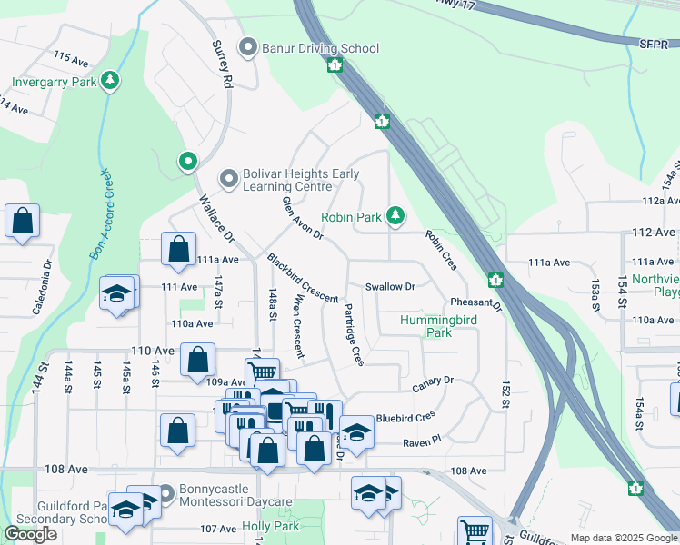map of restaurants, bars, coffee shops, grocery stores, and more near 11135 Partridge Crescent in Surrey