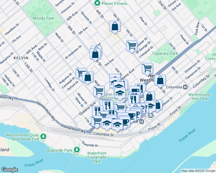 map of restaurants, bars, coffee shops, grocery stores, and more near 812 Milton Street in New Westminster