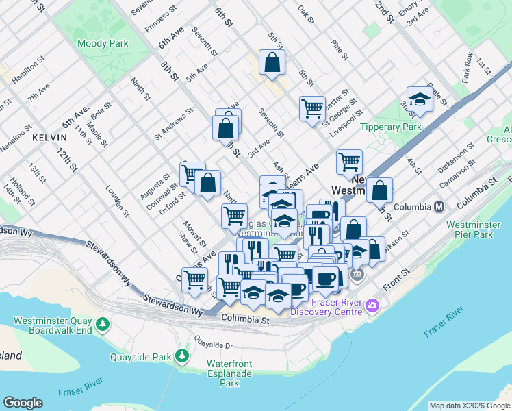 map of restaurants, bars, coffee shops, grocery stores, and more near 812 Milton Street in New Westminster