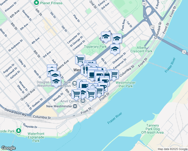 map of restaurants, bars, coffee shops, grocery stores, and more near 23 Cunningham Street in New Westminster