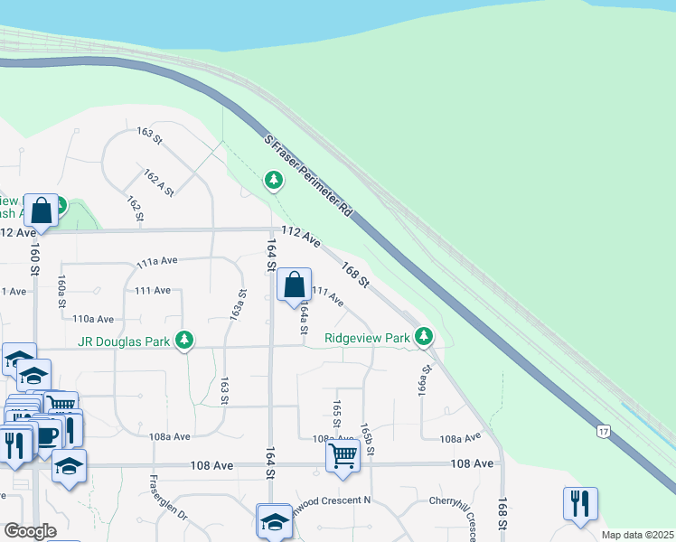 map of restaurants, bars, coffee shops, grocery stores, and more near 11089 168 Street in Surrey