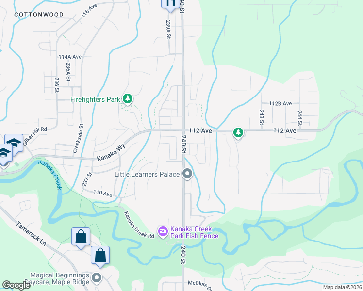 map of restaurants, bars, coffee shops, grocery stores, and more near 11155 240 Street in Maple Ridge