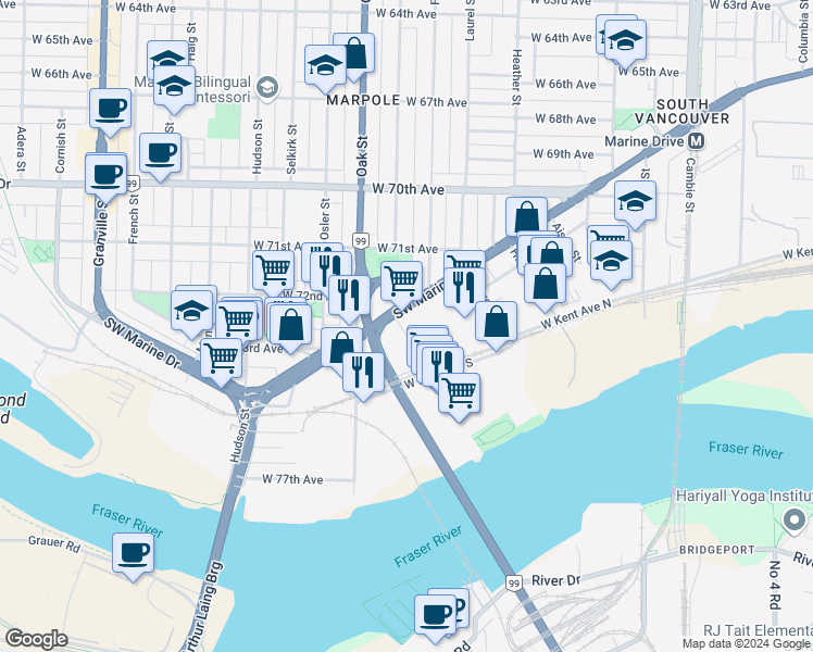 map of restaurants, bars, coffee shops, grocery stores, and more near 966 Southwest Marine Drive in Vancouver