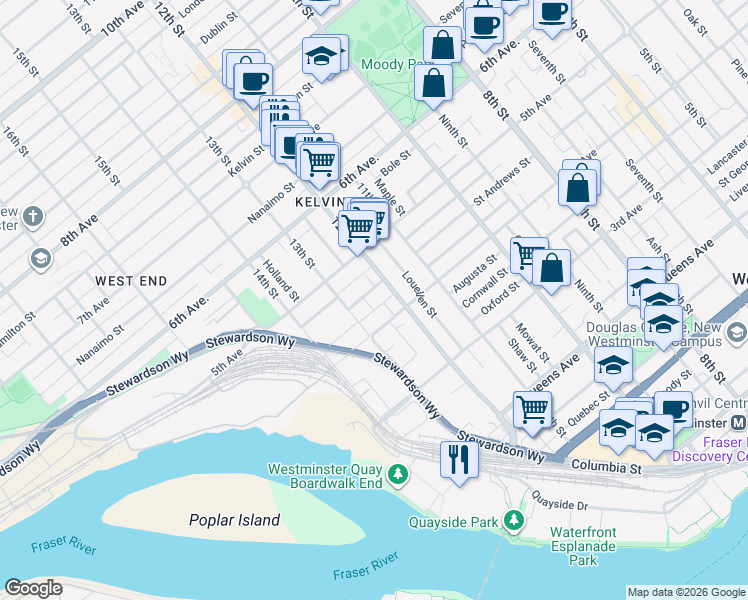 map of restaurants, bars, coffee shops, grocery stores, and more near 1210 Cameron Street in New Westminster