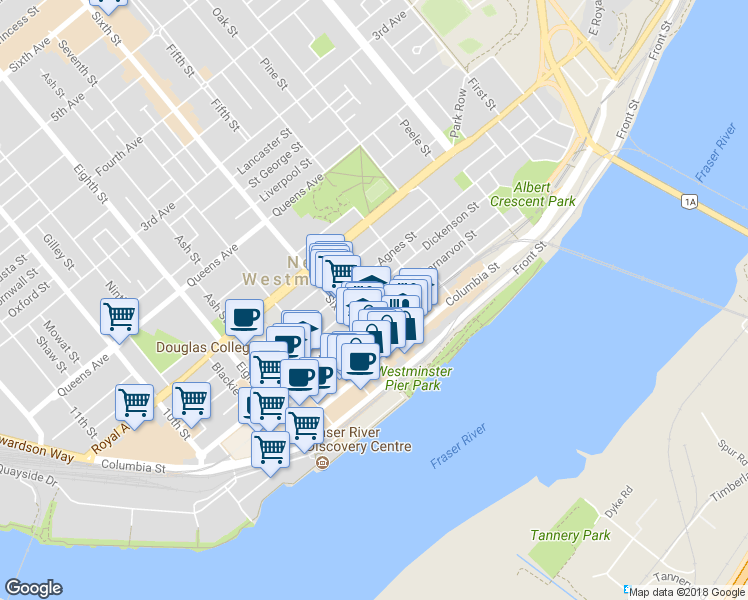 map of restaurants, bars, coffee shops, grocery stores, and more near in New Westminster