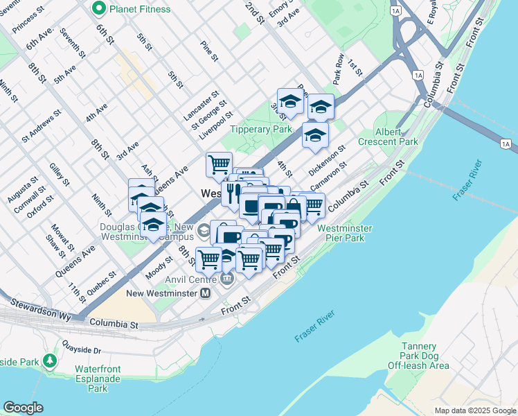 map of restaurants, bars, coffee shops, grocery stores, and more near 23 Cunningham Street in New Westminster