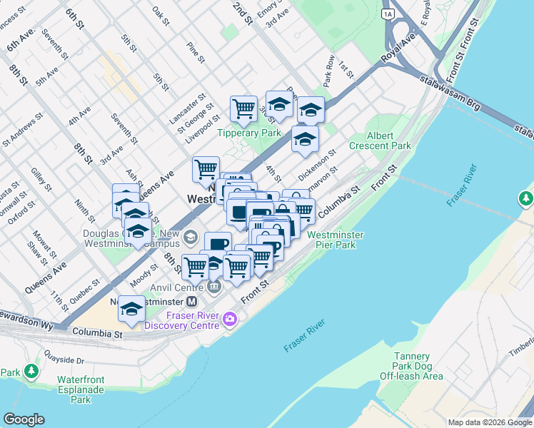 map of restaurants, bars, coffee shops, grocery stores, and more near 509 Carnarvon Street in New Westminster