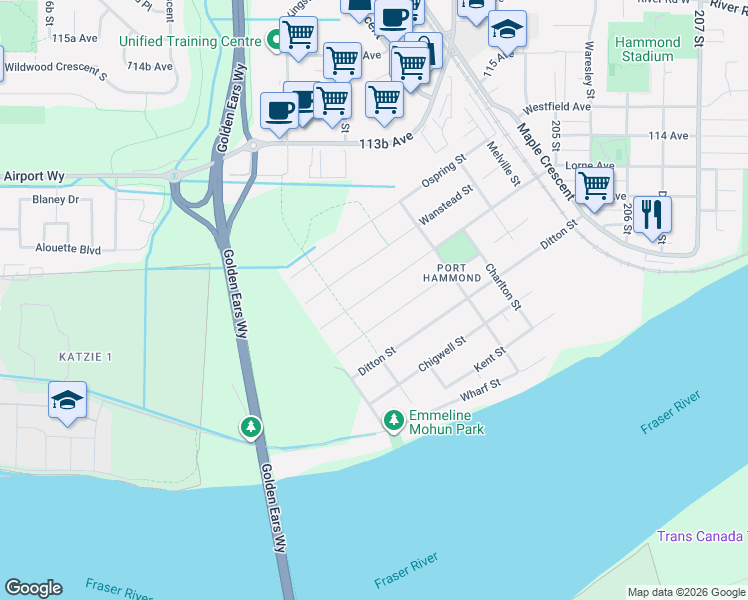 map of restaurants, bars, coffee shops, grocery stores, and more near 20138 Lorne Avenue in Maple Ridge