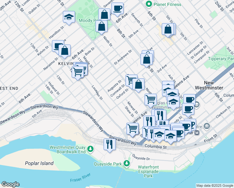 map of restaurants, bars, coffee shops, grocery stores, and more near 1028 Cornwall Street in New Westminster