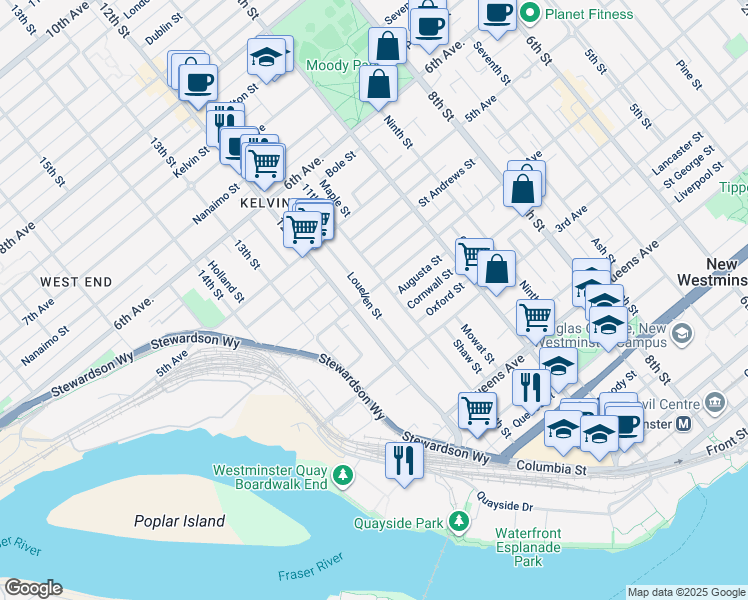 map of restaurants, bars, coffee shops, grocery stores, and more near 1112 Fourth Avenue in New Westminster