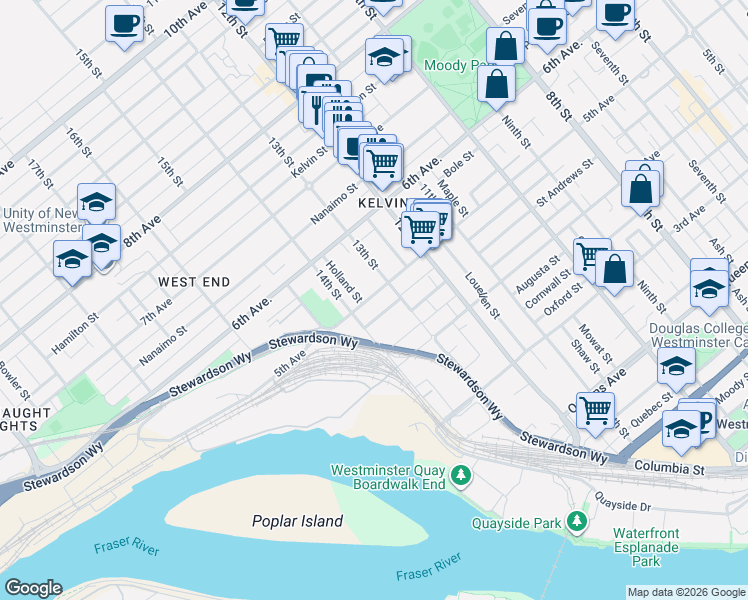 map of restaurants, bars, coffee shops, grocery stores, and more near 1312 5th Avenue in New Westminster