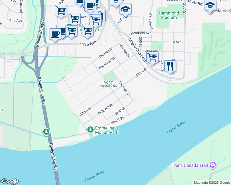 map of restaurants, bars, coffee shops, grocery stores, and more near 11098 Princess Street in Maple Ridge