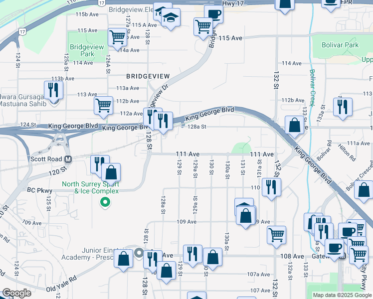 map of restaurants, bars, coffee shops, grocery stores, and more near 12921 111 Avenue in Surrey