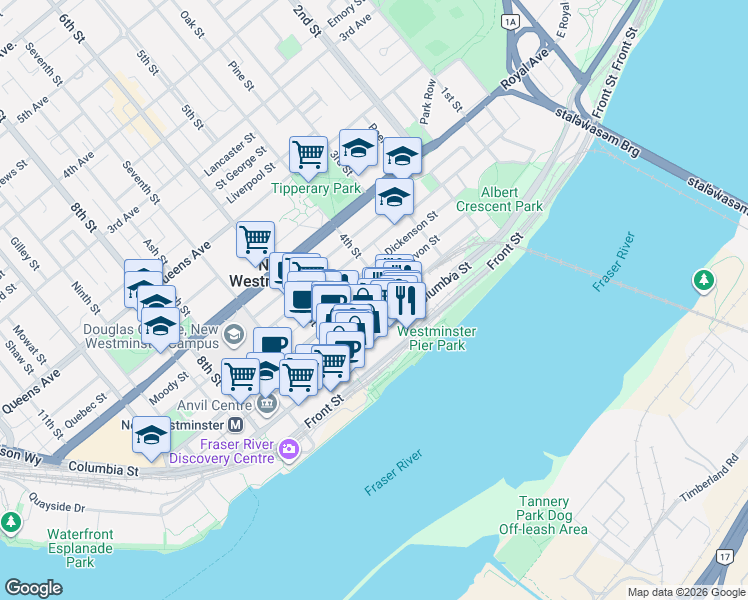 map of restaurants, bars, coffee shops, grocery stores, and more near 420 Carnarvon Street in New Westminster