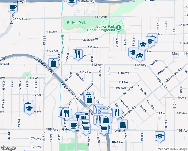 map of restaurants, bars, coffee shops, grocery stores, and more near 11132 Bolivar Crescent in Surrey